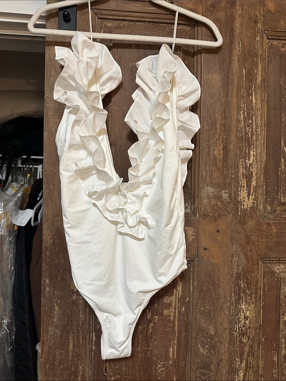 Zara White Ruffle Deep V One-Piece Swimsuit